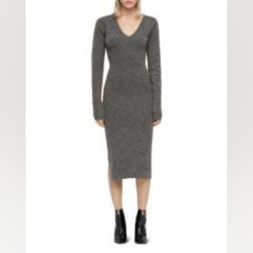 All Saints Sedona Sweater Dress, Bodycon, V-neck, Alpaca Blend, Grey, Size M
